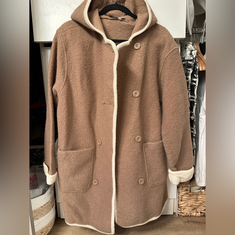 Wool Coat Hoodie Tan Beige